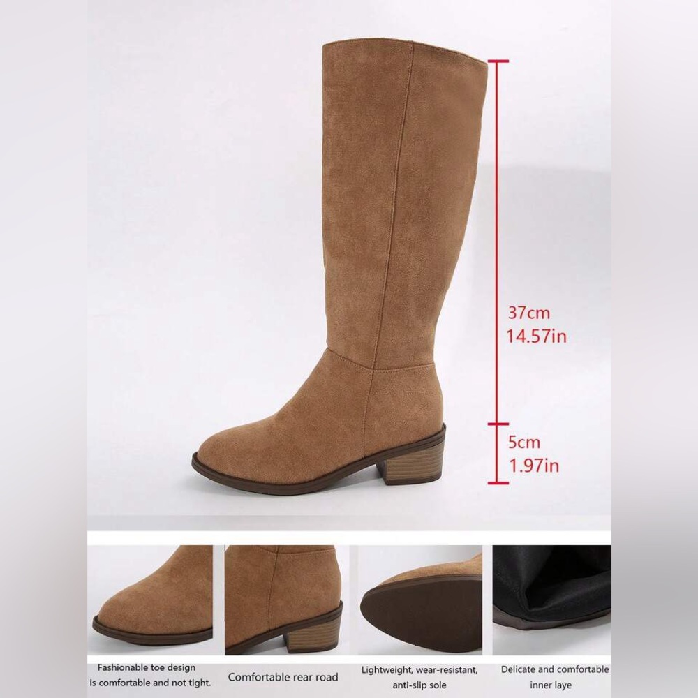 SHEIN Plus Size Suede Brown Knee-High Boots With Side Zipper And Chunky Heel - Picture 8 of 11